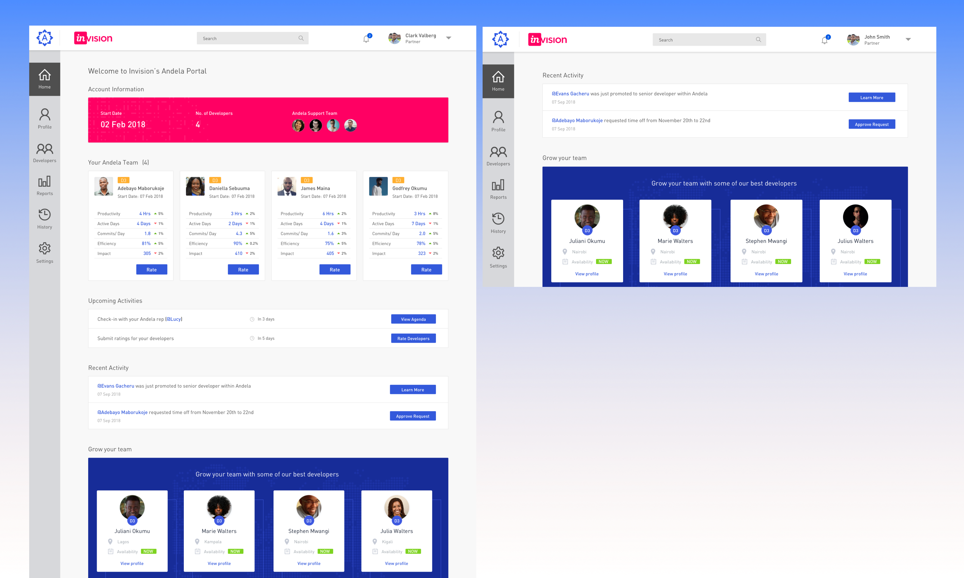 Andela partner portal homepage and recent activity view