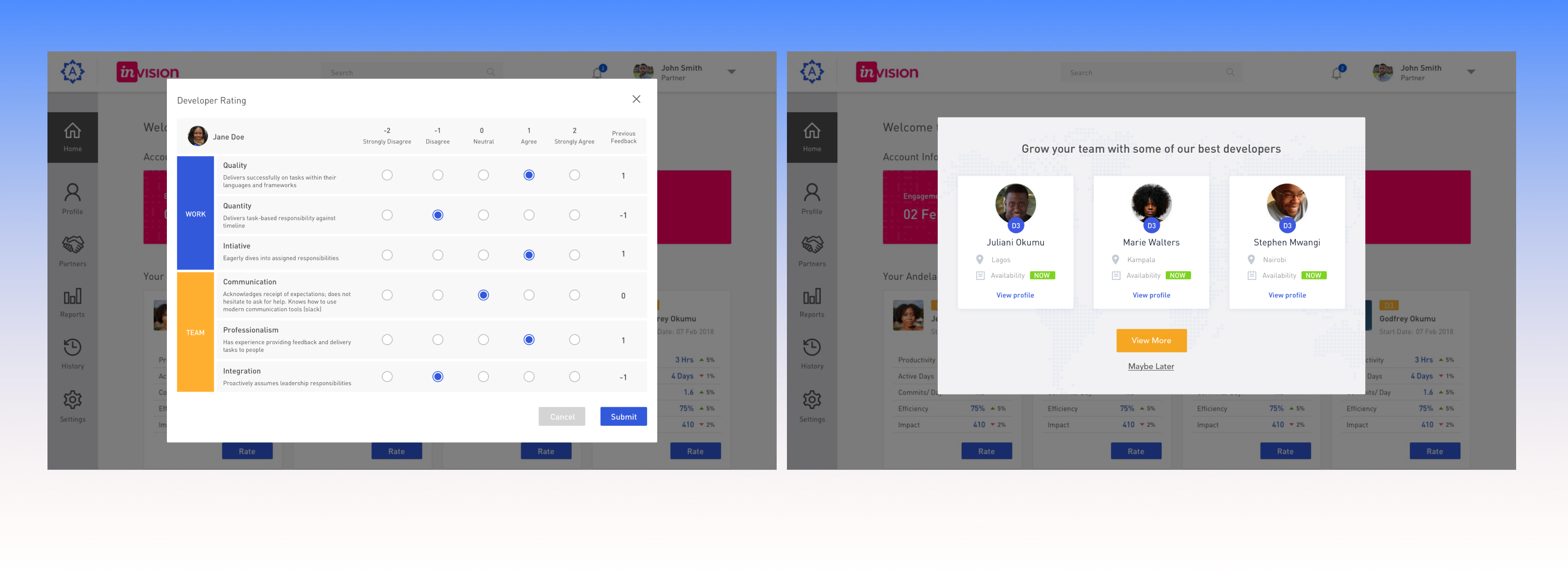 Developer rating modal and grow-your-team recommendation modal