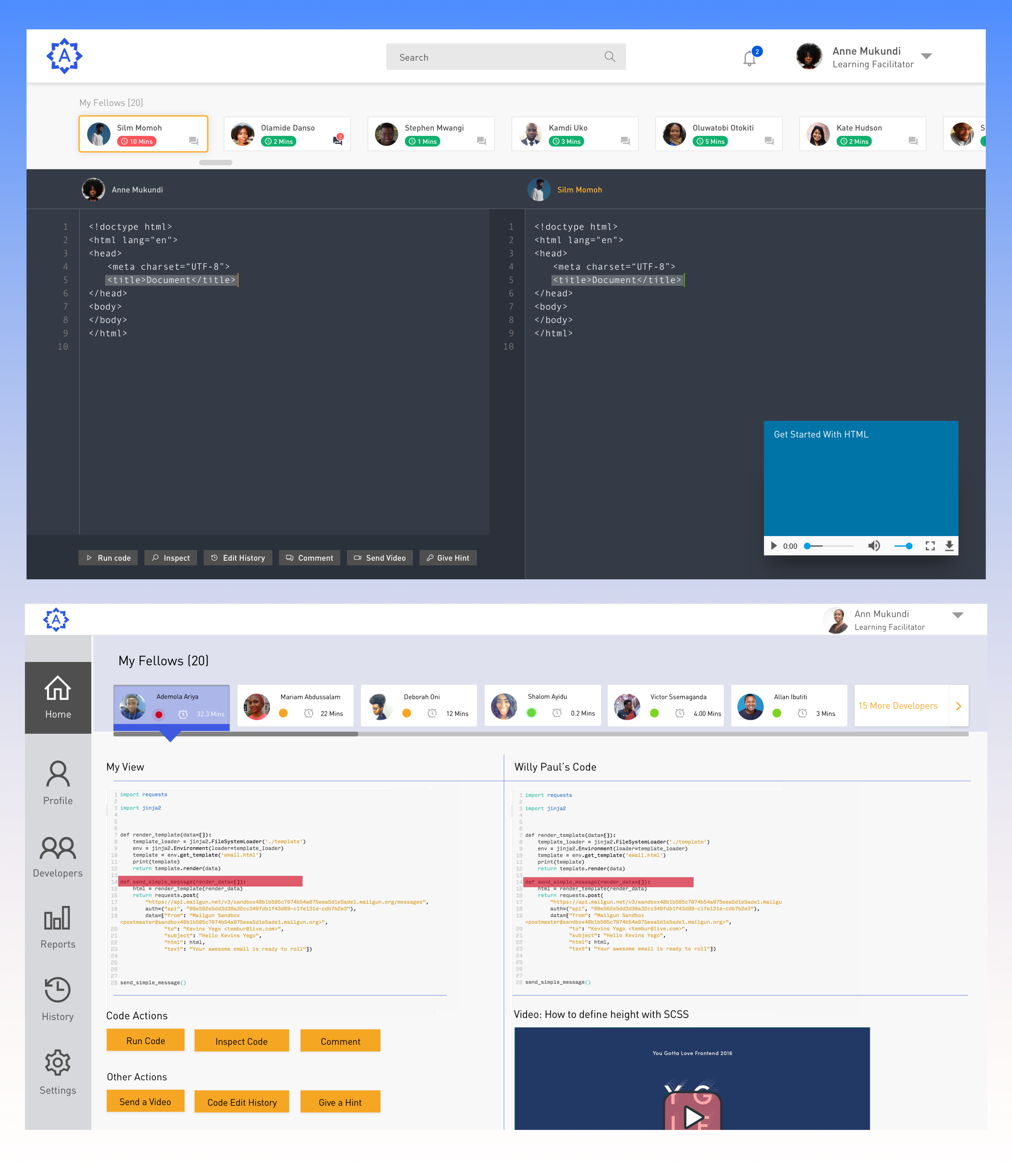 Pairing interface with side-by-side code editors and learning facilitator dashboard