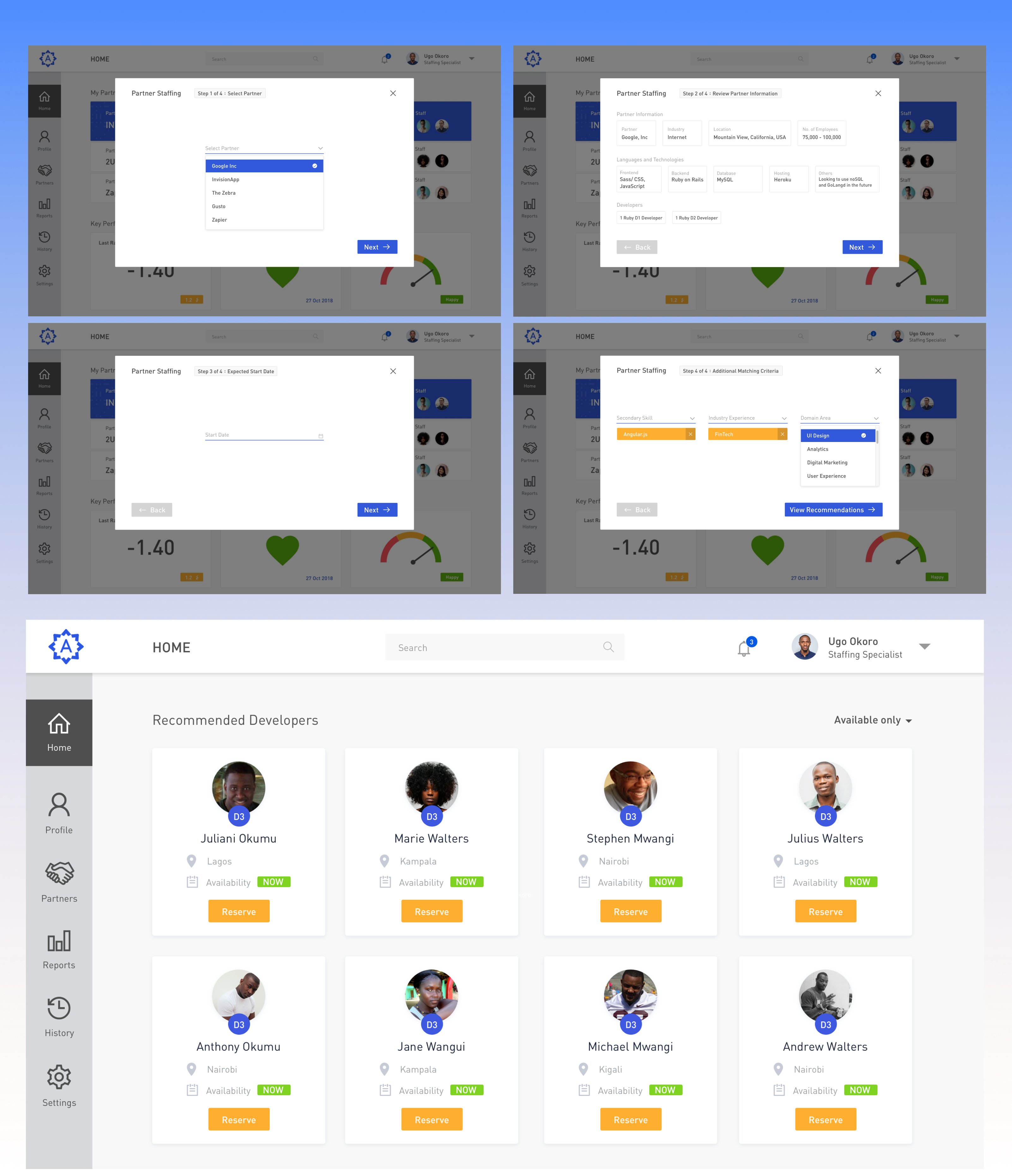 Four-step partner staffing wizard and resulting recommended developers grid