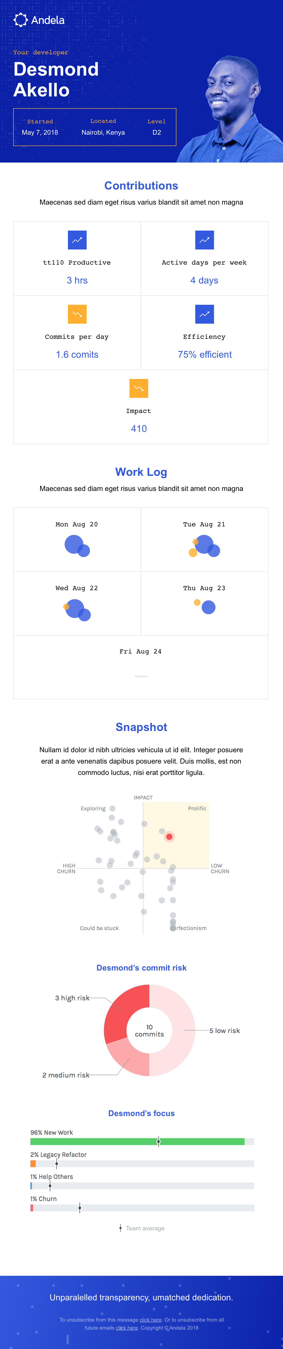 Developer-facing email — contributions, work log bubbles, snapshot quadrant with named peer position, commit risk donut (3 high, 5 low, 2 medium from 10 commits), and work focus bar chart comparing developer allocation against team average