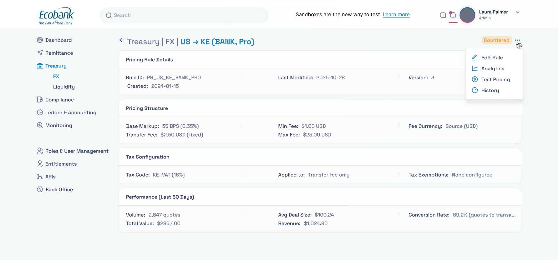 FX pricing rule detail — markup, fees, tax, performance
