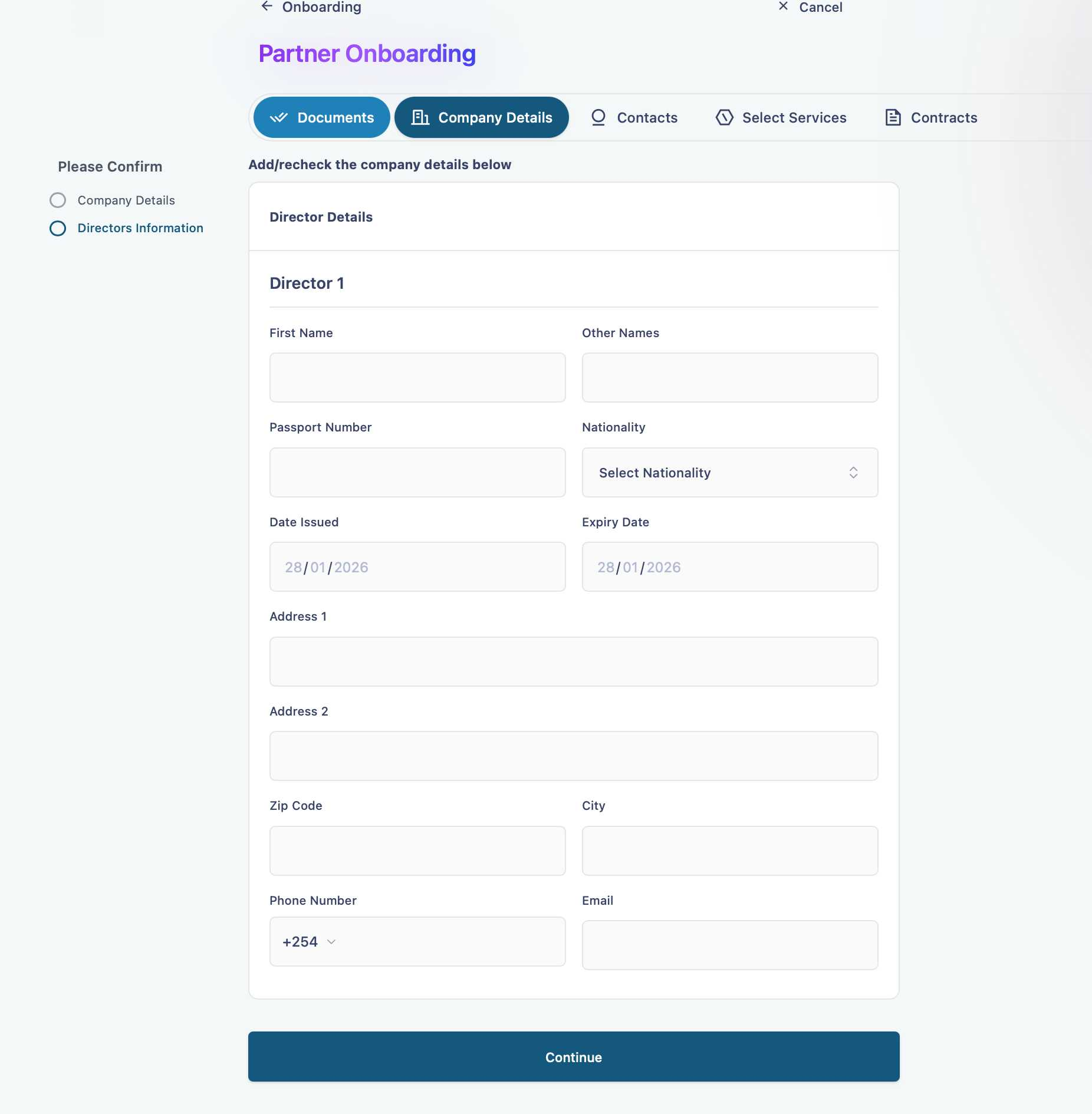 Partner onboarding — director details form