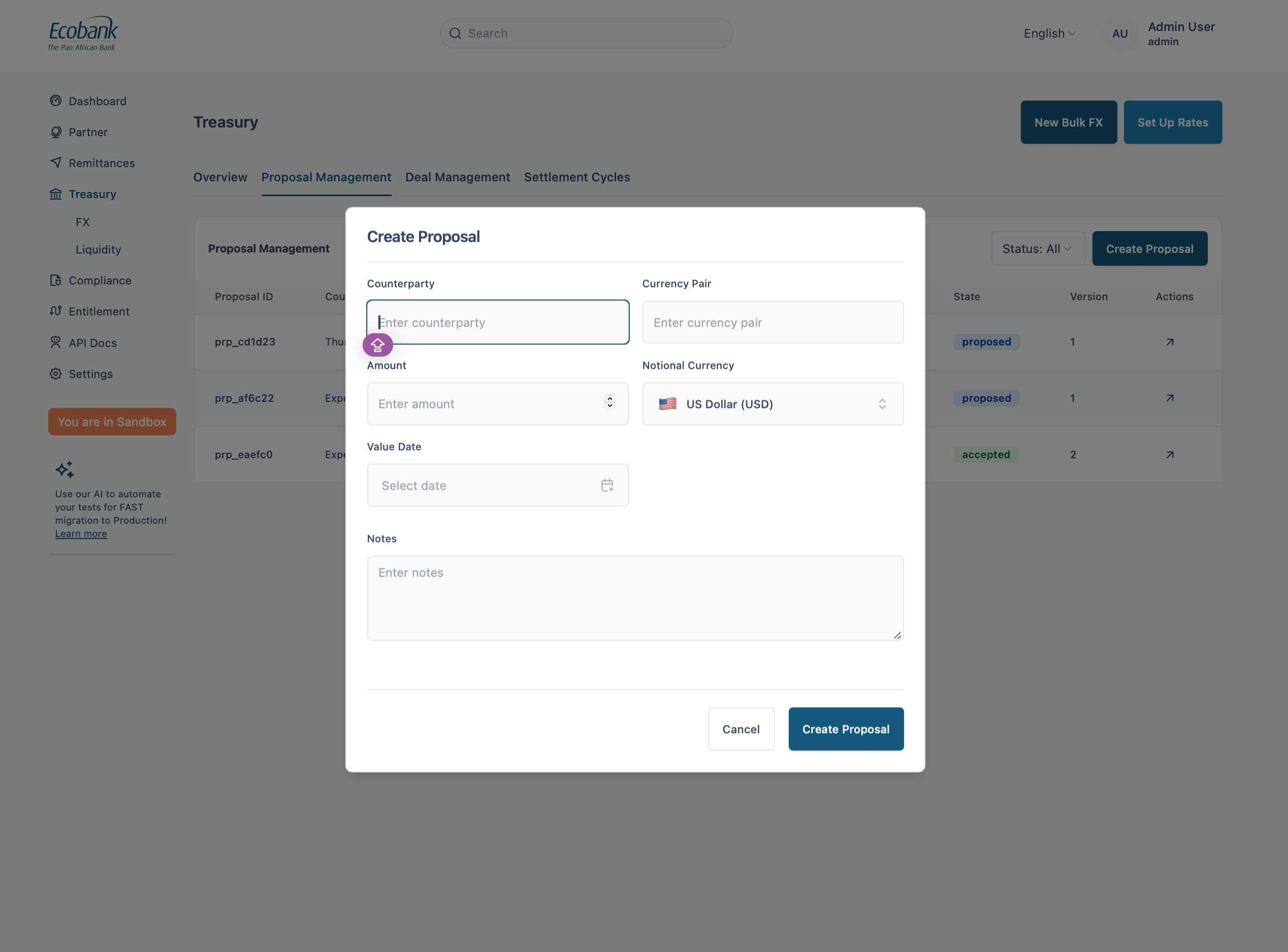 Treasury proposal management — create proposal modal