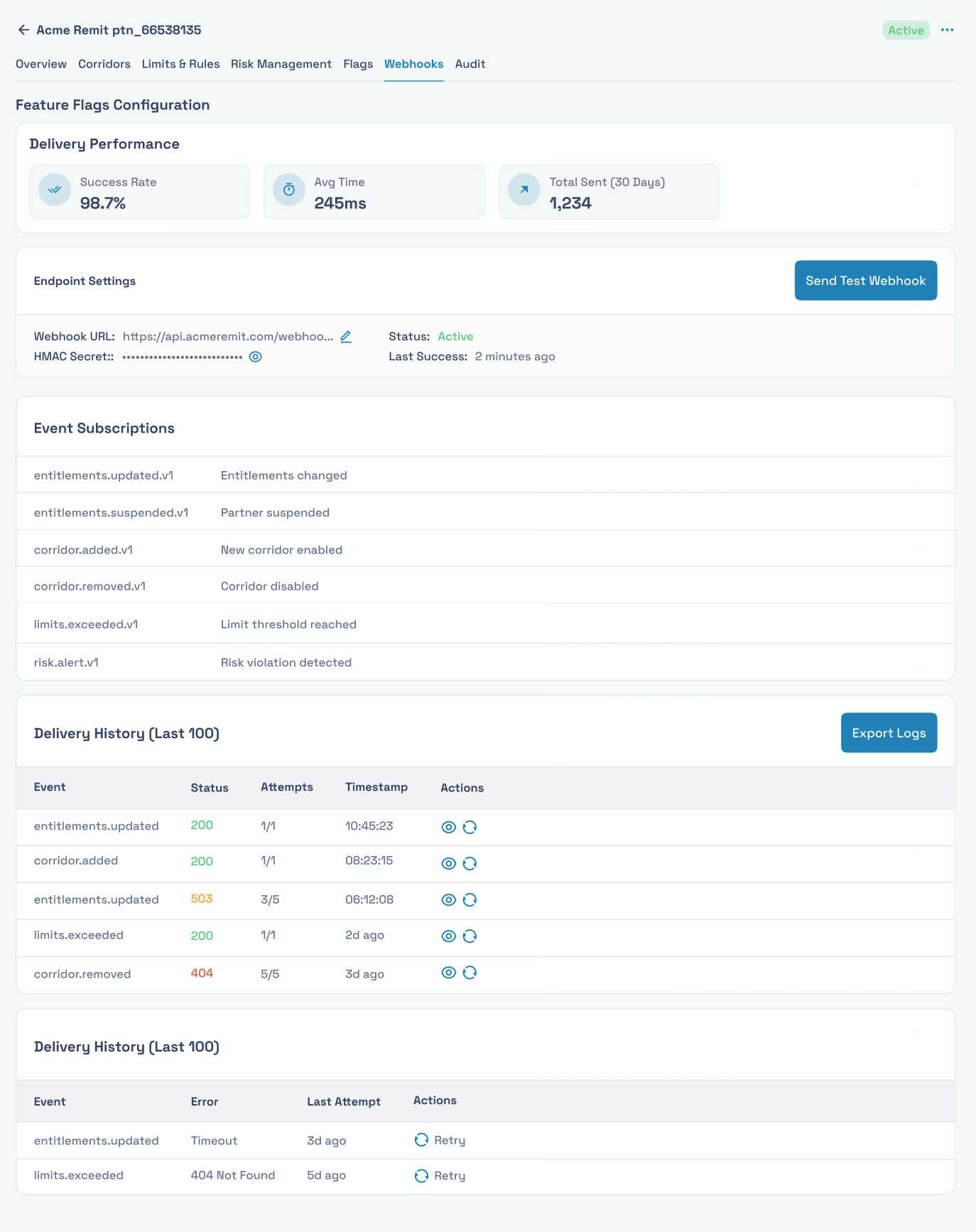Entitlements webhooks — delivery performance, endpoint settings, event subscriptions, delivery history