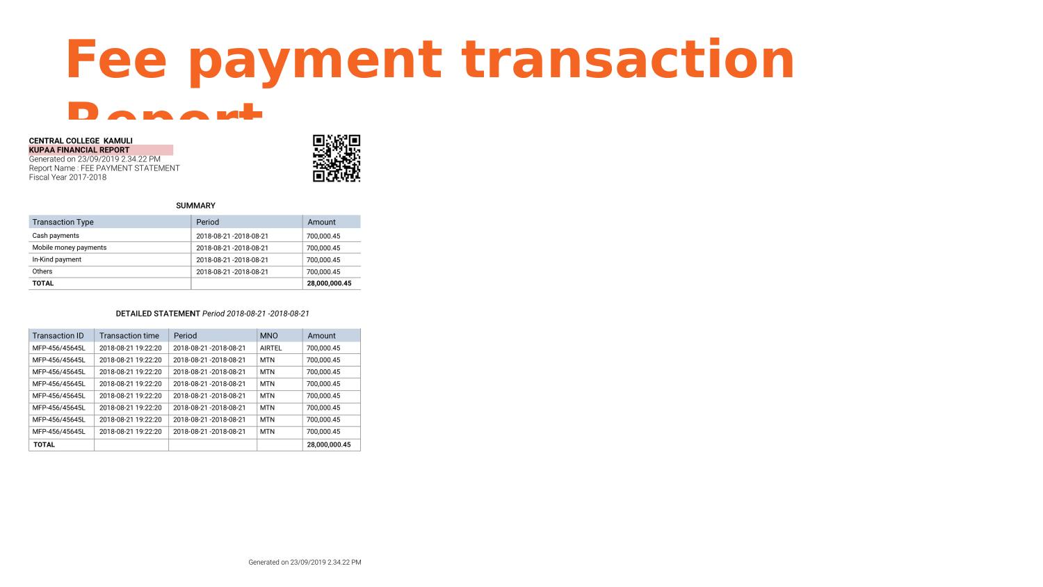 Kupaa Fee Payment Transaction Report — summary by payment type (cash, mobile money, in-kind, others) and detailed statement with transaction IDs, MTN/Airtel operator, and amounts.
