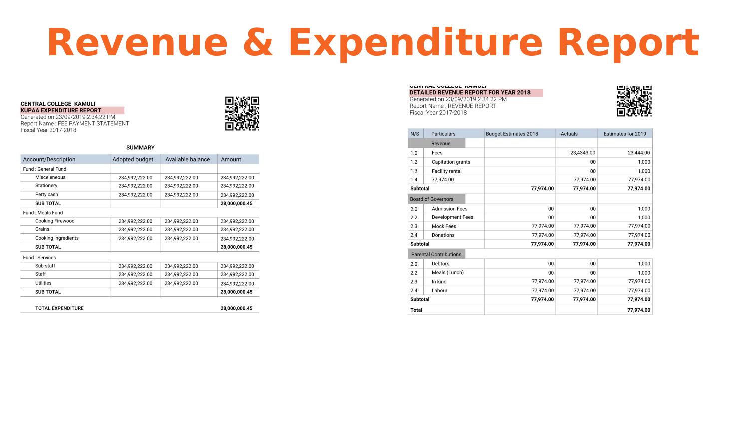 Kupaa Revenue & Expenditure Report — Central College Kamuli, FY2017-2018. Left: expenditure summary by fund. Right: detailed revenue report with budget estimates, actuals, and 2019 projections.