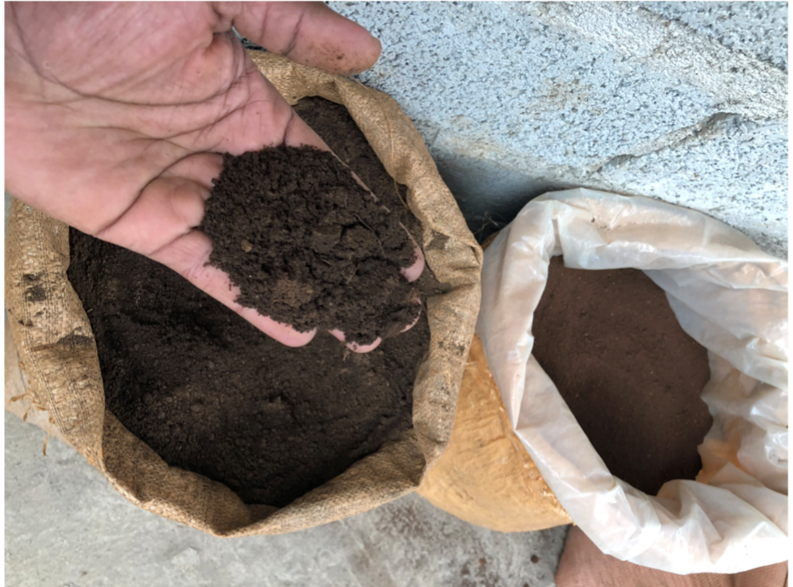 Two sample bags of different soil types compared by hand