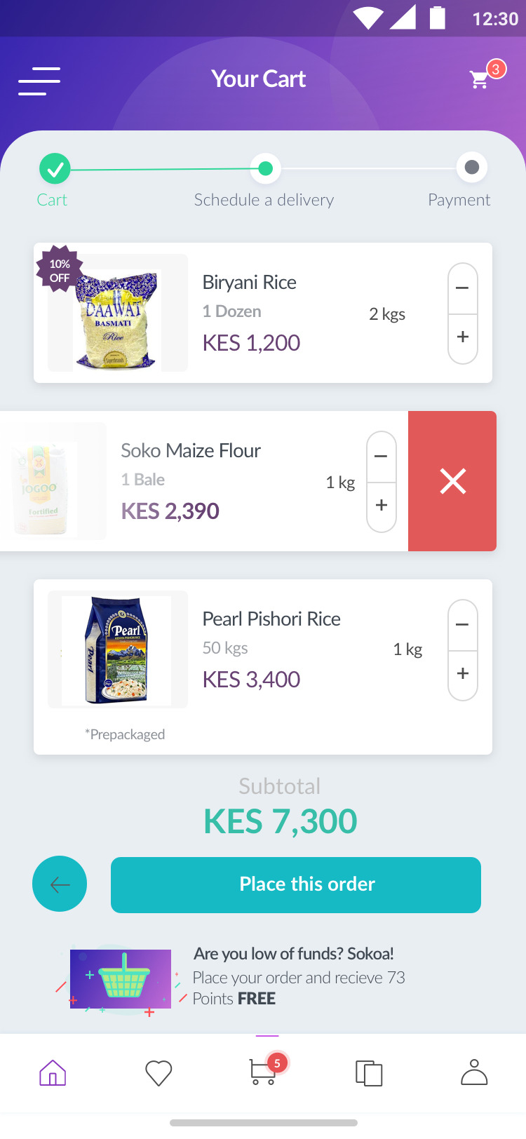 Hi-fi Shopping Cart: Cart/Schedule/Payment stepper, Biryani Rice KES 1,200, Soko Maize Flour KES 2,390 with red swipe-to-remove, Pearl Pishori Rice KES 3,400, subtotal KES 7,300, Sokoa banner