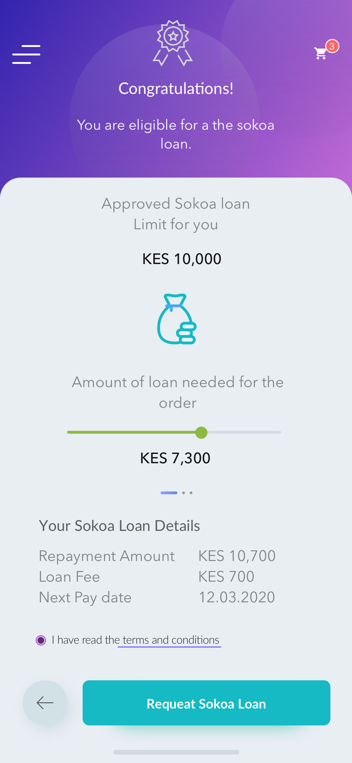 Hi-fi Sokoa confirmation: Congratulations — eligible for Sokoa loan. Limit KES 10,000. Loan amount slider KES 7,300. Repayment KES 10,700, fee KES 700, due 12.03.2020. Request Sokoa Loan CTA.