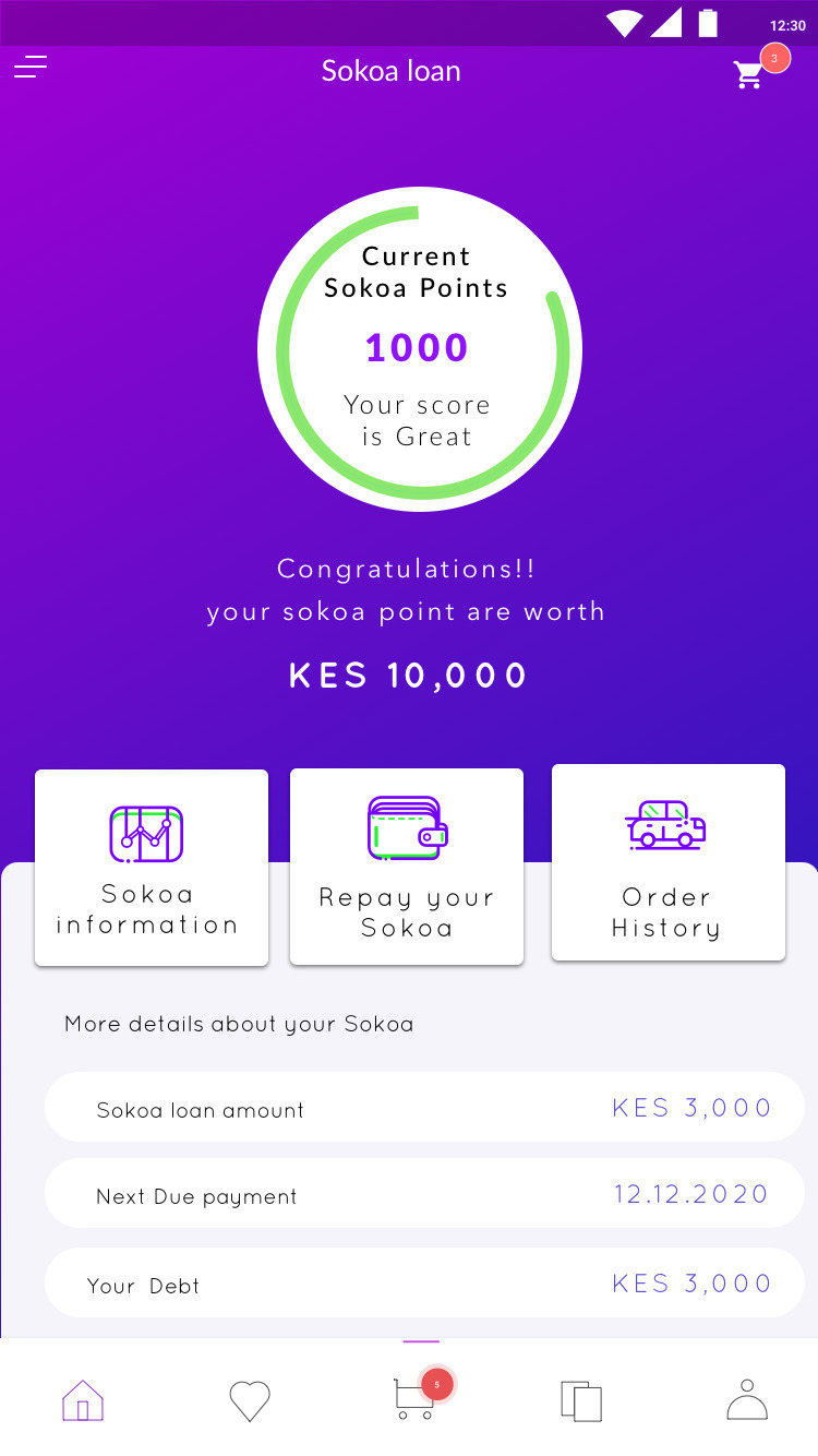 S-OKOA Sokoa Points dashboard — Hi-Fi prototype showing credit score, KES 10,000 points, and action tiles