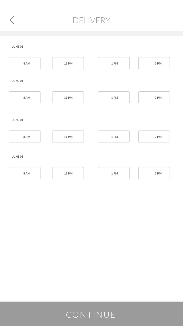 Lo-fi wireframe — Delivery time slot picker: June 01 at 8AM, 11PM, 1PM, 3PM repeated across days