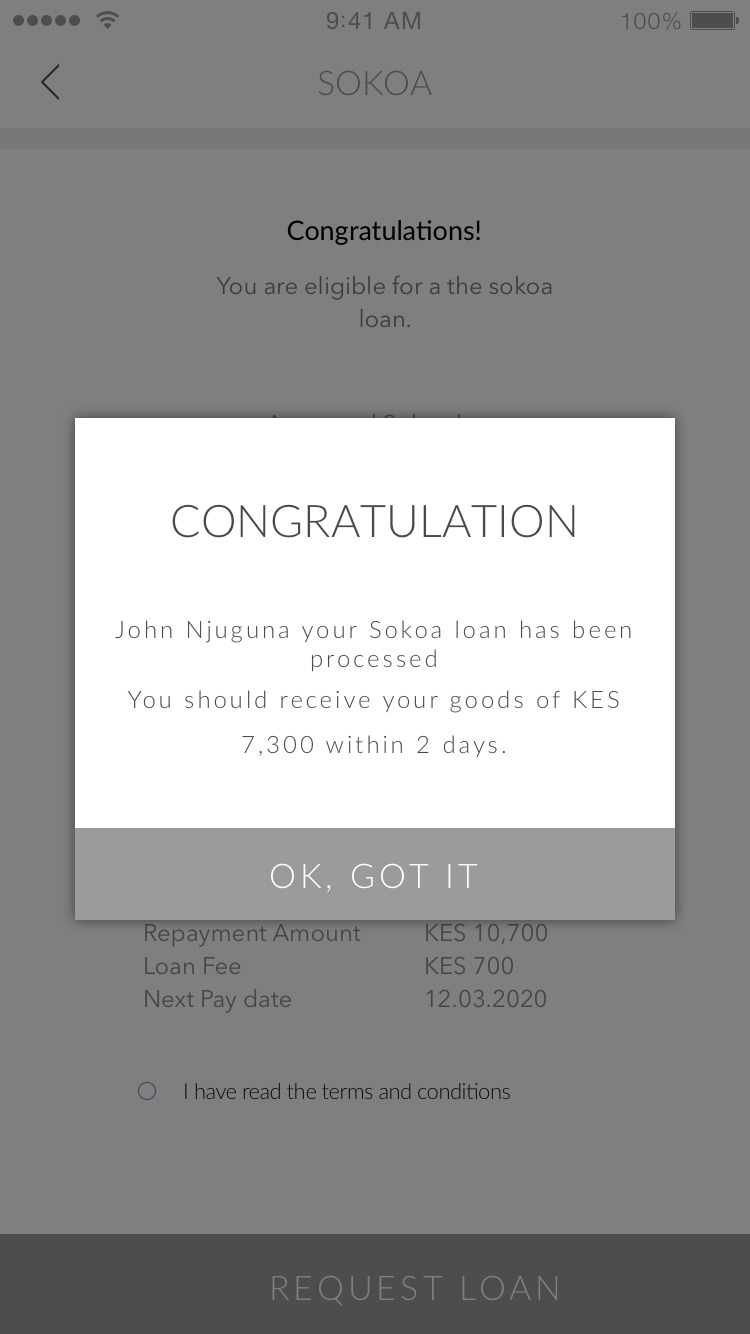 Lo-fi wireframe — Congratulations modal: Sokoa loan processed, goods KES 7,300 within 2 days, OK Got It