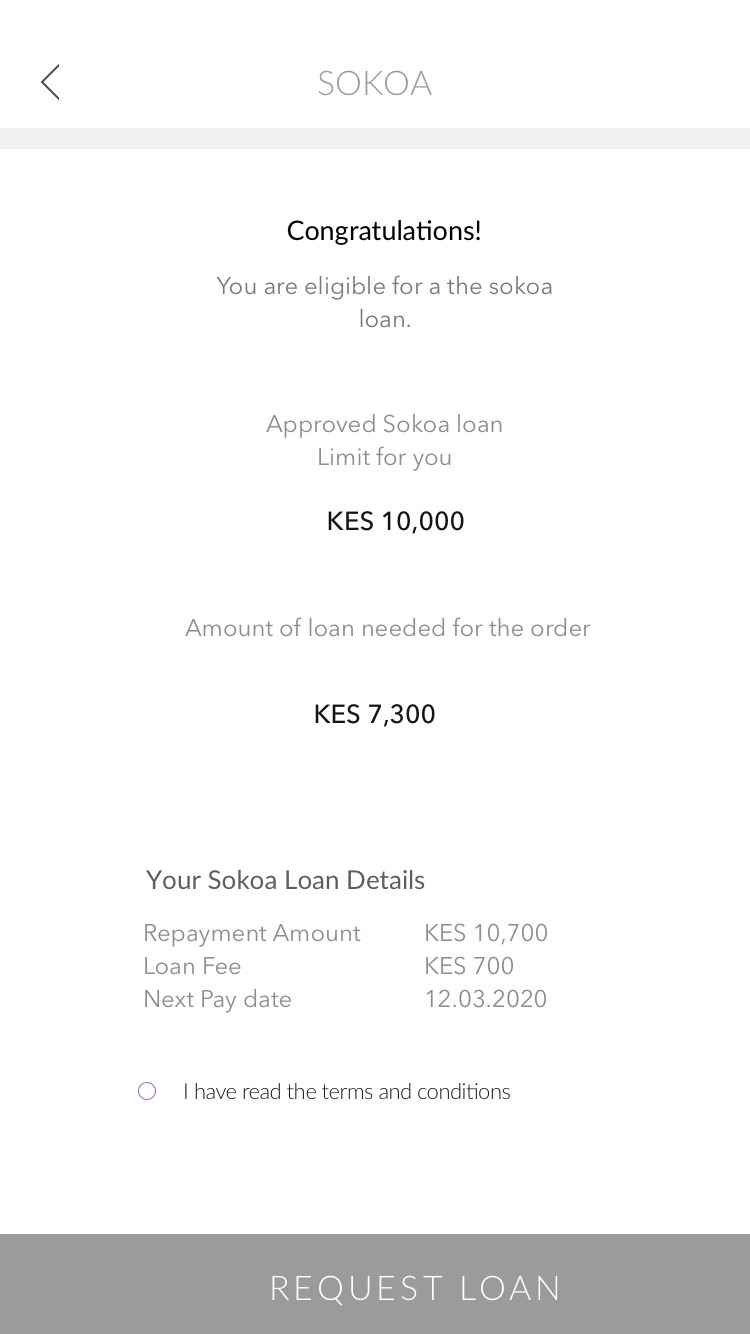 Lo-fi wireframe — Sokoa loan details: approved limit KES 10,000, needed KES 7,300, repayment KES 10,700, fee KES 700, due 12.03.2020