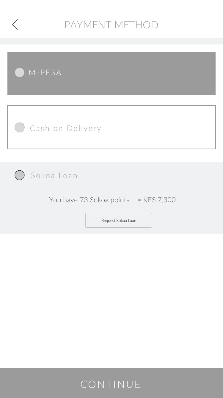 Lo-fi wireframe — Payment Method: M-PESA, Cash on Delivery, Sokoa Loan (73 points = KES 7,300)